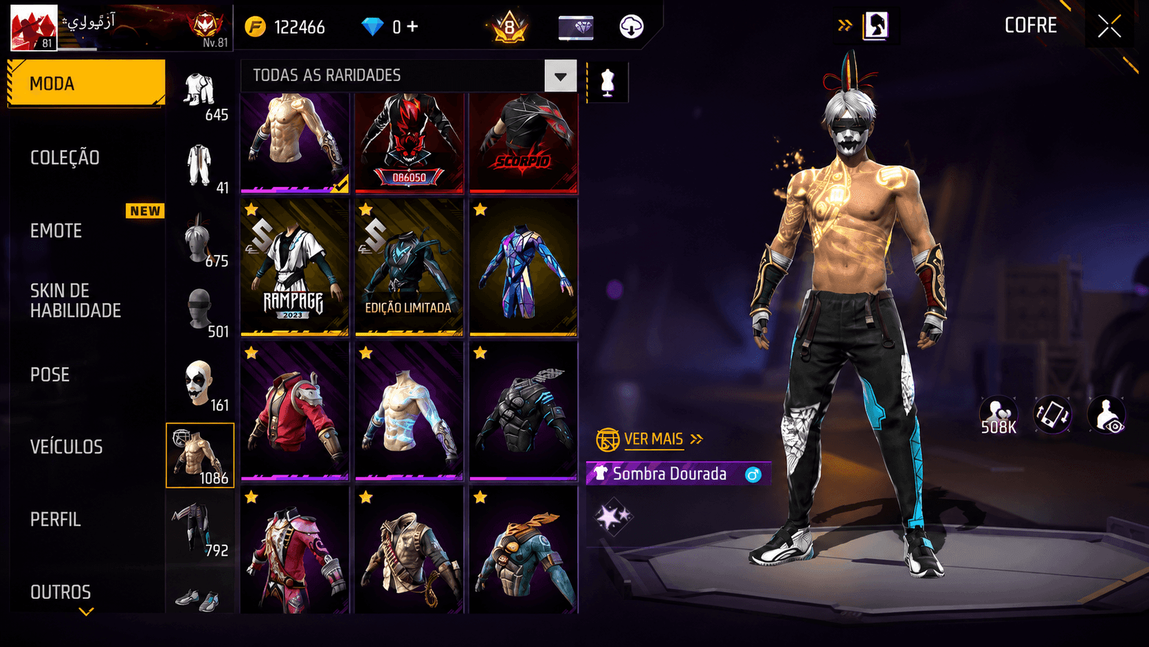 CONTA PRIME NÍVEL 8 🚀 +1.100 PEITORAIS + FULL FITINHAS